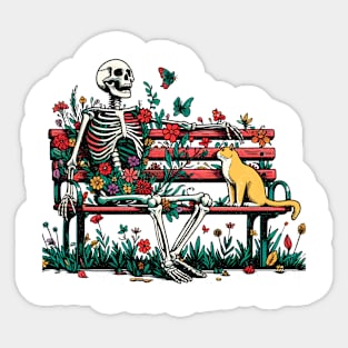 Curious Cat with bench floral bench skeleton Sticker